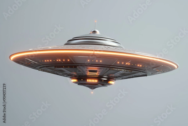 Fototapeta UFO, UAP, AAV, flying saucer with floating lights, front view, isolated on clear sky, photorealistic // ai-generated