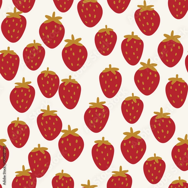 Fototapeta Seamless pattern with strawberry on color background. Natural delicious fresh ripe tasty fruit. Vector illustration for print, fabric, textile, banner, other design. Food concept.