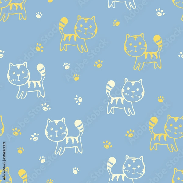 Fototapeta Seamless pattern with cute kitten print. Different scandy cats on color background. Scandinavian style illustration for kids. Vector illustration for fabric, textile, wallpaper, home clothing, pajama