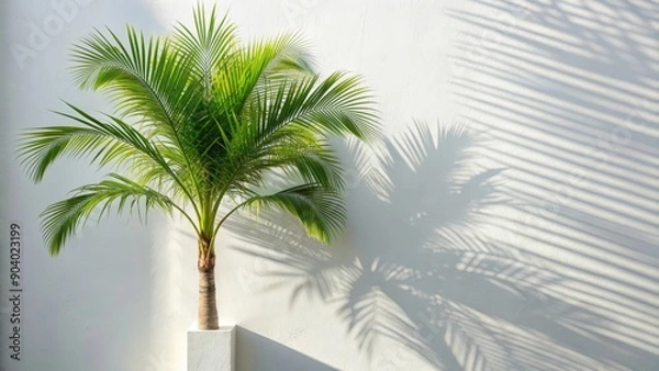 Fototapeta A single palm tree stands against a white wall, its leaves casting a long shadow. The image evokes a sense of tranquility, tropical vibes, and the beauty of nature.