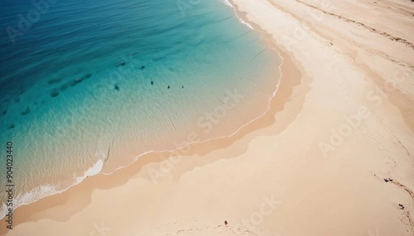 Fototapeta Breathtaking aerial shot of a stunning tropical beach with soft, golden sand, sparkling azure waters, and a vibrant, cloudless sky with a brilliant sun
