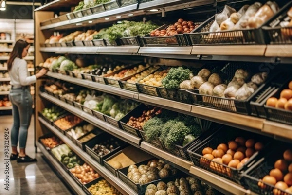 Fototapeta A woman shopping for fresh produce in a grocery store aisle, showcasing a wide variety of colorful fruits and vegetables. The image emphasizes healthy eating, grocery shopping, and the abundance of fr