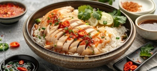 Fototapeta Hainanese Chicken Rice in Singapore. A close-up of Hainanese chicken rice with sliced chicken, rice, garnished with herbs, and a drizzle of spicy sauce in a rustic bowl.