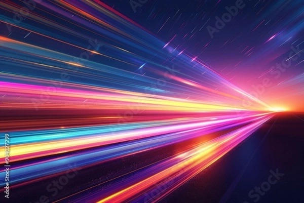 Fototapeta Dynamic Spectrum: A Vivid Convergence of Colorful, Energetic Lightning Bolts on the Horizon, an AI-Generated Visual Symphony.