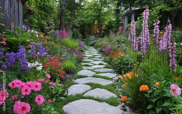 Fototapeta A peaceful garden with a variety of colorful flowers and a stone pathway 