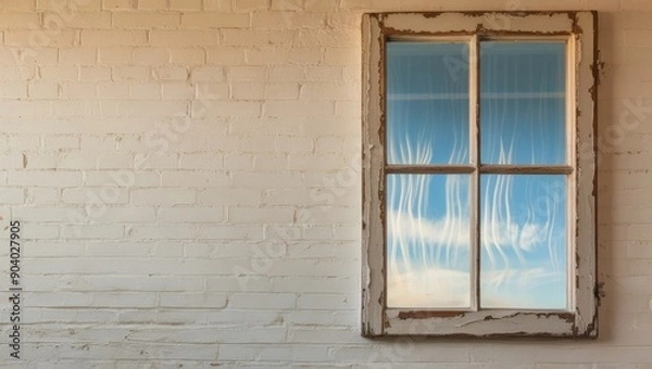 Fototapeta A rustic wooden window frame with a reflective glass, set against a textured white brick wall, showcasing a serene blue sky.