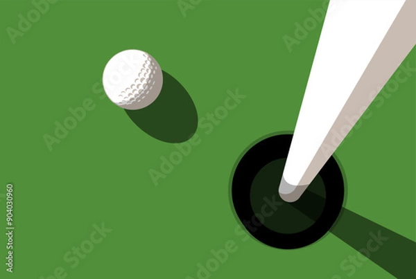 Fototapeta Golf ball on golf course near hole with flagstick, view from above, close up, vector