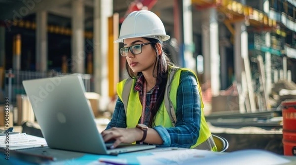 Obraz Construction engineer is using a laptop while wearing a safety vest and helmet at a construction site