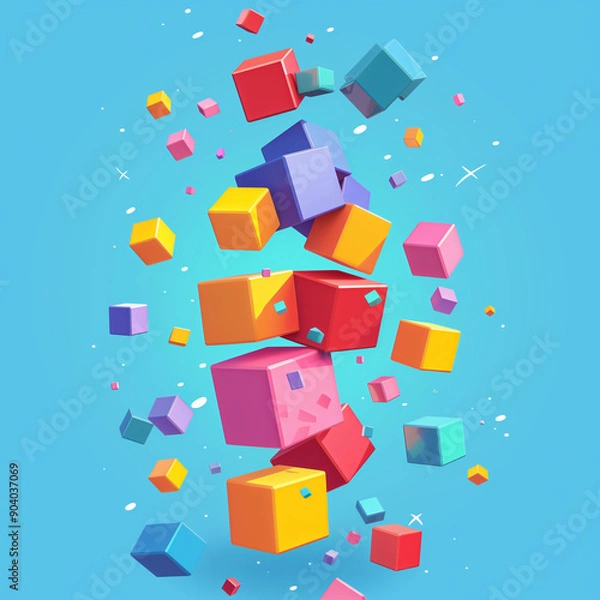Fototapeta A colorful pile of blocks is flying through the air. The blocks are of various colors and sizes, creating a dynamic and playful scene. Concept of movement and energy