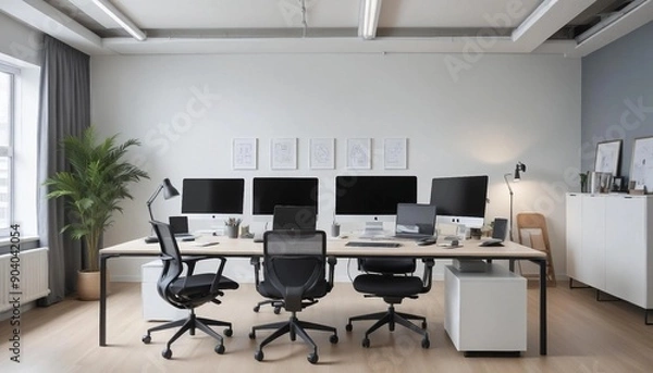 Fototapeta Bright and airy co-working space with natural light and modern fixtures
