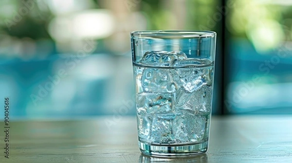 Fototapeta Refreshing glass of water with ice cubes.