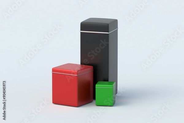 Obraz Set of tin boxes for tea, coffee beans or other bulk products on gray background. Kitchen accessories. 3d render