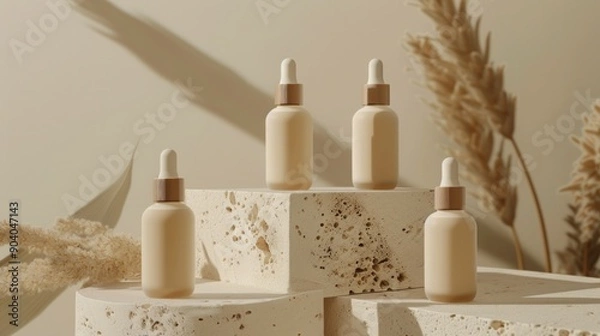 Fototapeta Beauty natural skincare product mockup. Serum Dropper Bottles on stone podium