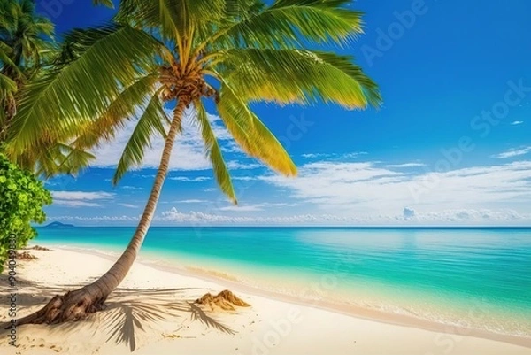 Fototapeta Palm tree on a white sandy beach with turquoise water and a blue sky.