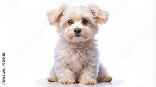 Fototapeta Adorable small fluffy white canine sitting alone on transparent background with ears perked up and cute brown eyes looking upwards.