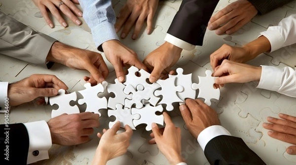Obraz Business team assembling a jigsaw puzzle, focusing on unity and joint effort