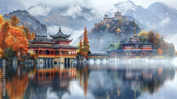 Fototapeta Beautiful traditional temples nestled by a calm lake, surrounded by vibrant autumn foliage and mist-covered mountains, creating a serene and tranquil scene.