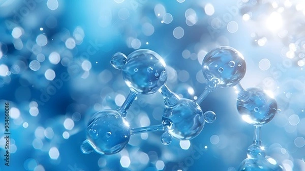 Fototapeta Molecular structure model, blue monochromatic color scheme, transparent glass atoms, interconnected bonds, scientific visualization, 3D rendering, macro photography.