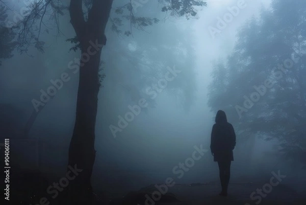 Fototapeta A solitary figure walks through a misty, fog-covered forest path enveloped in mystery and silence, creating an eerie and serene atmosphere.