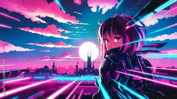 Obraz Anime cartoon neon game background, app gaming background sky with clouds and bright cyberpunk colours, colourful bg background wallpaper