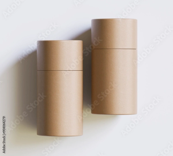 Fototapeta Brown Paper tube package mockups isolated on white background. Blank craft carton circular realistic tube texture. Cylindrical container with cap for product branding 