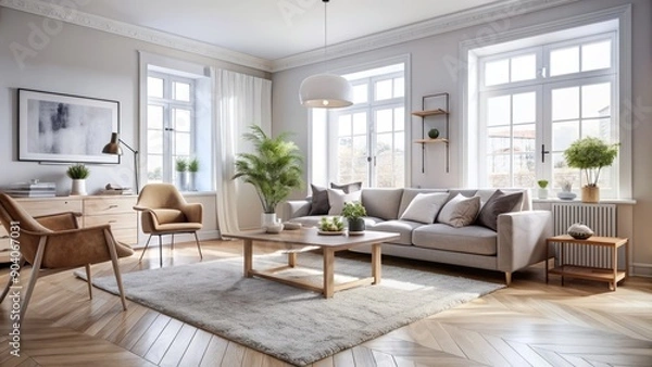 Fototapeta Elegant minimalist interior with neutral tones, plush rug, and modern furnishings in a bright, airy, and tidy Scandinavian-inspired space.