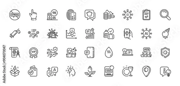 Fototapeta Lamp, Sun protection and Verification document line icons pack. AI, Question and Answer, Map pin icons. Card, Stop stress, Phone message web icon. Vector