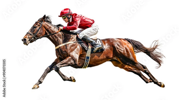 Fototapeta Thundering Towards Victory: A powerful bay horse and determined jockey race toward the finish line in a vibrant equestrian scene. 