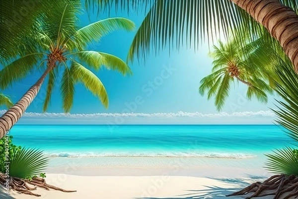 Fototapeta Tropical beach scene with palm trees and turquoise water.