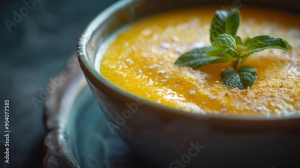Fototapeta Close-up of a bowl of mango lassi with a frothy top and mint garnish.