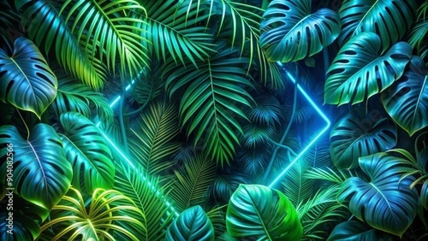 Fototapeta Luminous green and blue neon lights intertwine with lush tropical leaves, creating a mesmerizing and exotic stunning tropical design background.