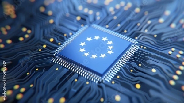 Fototapeta European semiconductor chip emblem, intricate circuit designs, symbolizing technological advancement and integration within the European Unions digital landscape.