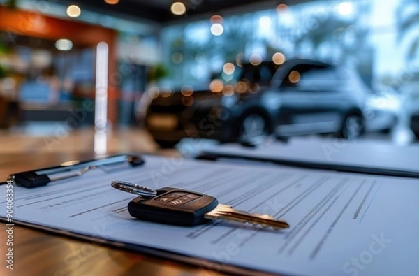 Fototapeta Car Key and Contract on Table in Car Dealership