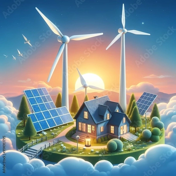 Fototapeta The windmill wind turbine and solar cell panel are viewed in the blue sky at sunset, demonstrating the concept of renewable electricity energy.
