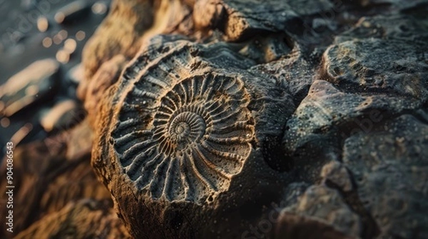 Fototapeta A close-up of a fossil embedded in a stone, revealing ancient life forms.