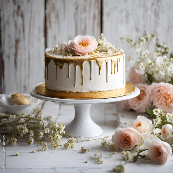 Obraz Mesa com bolo e flores