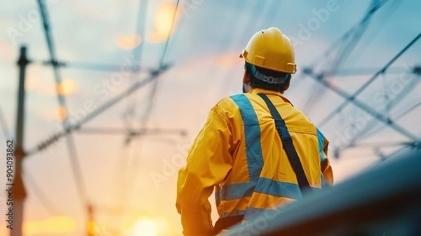 Fototapeta Skilled Railway Worker Repairing Overhead Power Lines for Transport Infrastructure Maintenance