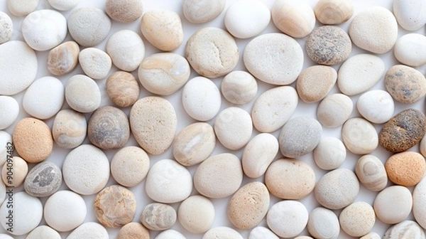 Fototapeta A collection of smooth, round stones in varying shades of white and beige, perfect for nature-themed projects and backgrounds.