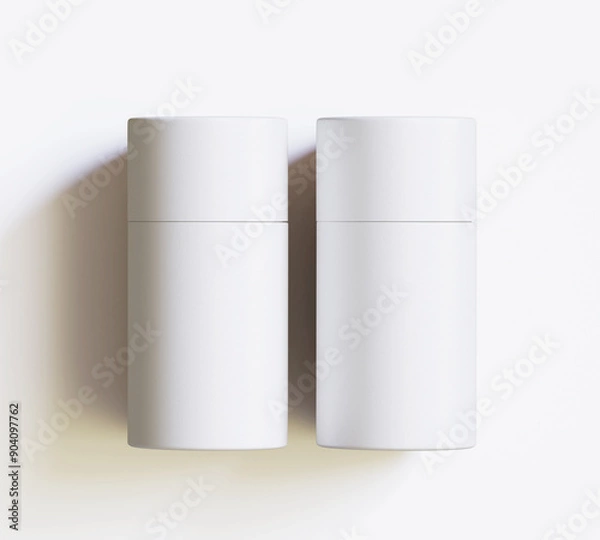 Fototapeta White Paper tube package mockups isolated on white background. Blank craft carton circular realistic tube texture. Cylindrical container with cap for product branding