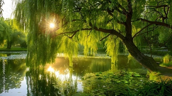 Obraz Weeping Willow tree gracefully arching over a tranquil pond in a park