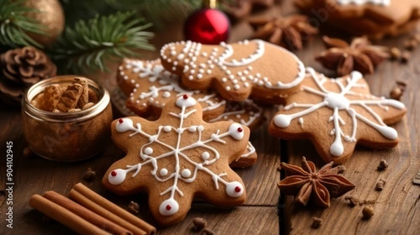 Fototapeta A festive arrangement of gingerbread cookies and Christmas decorations on a wooden table