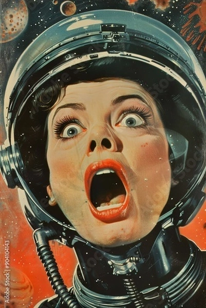 Fototapeta Terrified woman screaming in a space helmet dark sci-fi character face close-up
