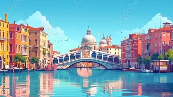 Fototapeta Venice landmarks, St Marks Basilica and Rialto Bridge, Italy, minimal flat design illustration, No logo, No Trademark, No text, minimal concept with copy space for stock photo