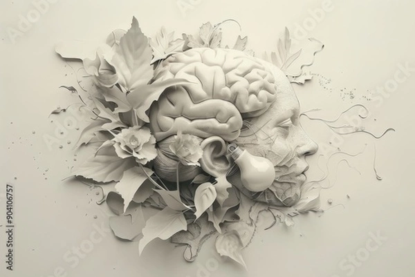 Fototapeta Black and white brain with foliage representing intelligence creativity and nature in a clean design
