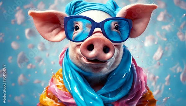 Fototapeta Tierisches Model: Ein Schwein/ Sau. Humorvolles Portrait eines Schwein mit cooler blauer Sonnenbrille und kuscheligen blauen Schal. Witziges Tierbild für Kinderbücher, Postkarten, Social Media-Posts.