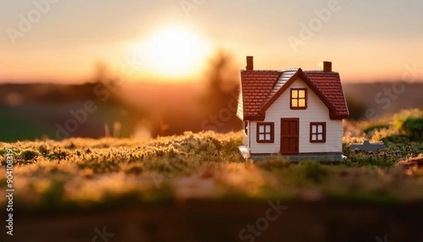 Fototapeta Sunset Glow on a Miniature House: Capturing Cozy Moments