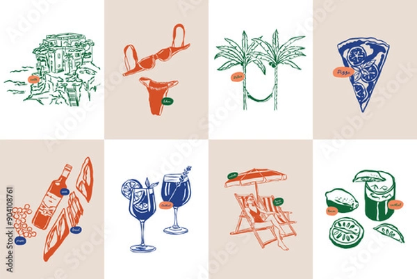 Fototapeta Minimalist hand drawn travel vector illustration collection. Art for postcards, branding, logo design, background.	
