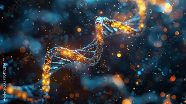 Fototapeta DNA double helix with glowing particles on dark.