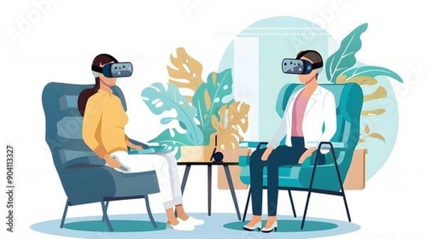 Fototapeta Two women wearing VR headsets sit in chairs and interact with each other in a virtual environment.