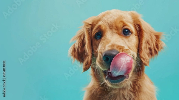 Obraz A funny and hungry golden retriever puppy dog eating and licking its lips with tongue. Isolated on a light blue pastel background.